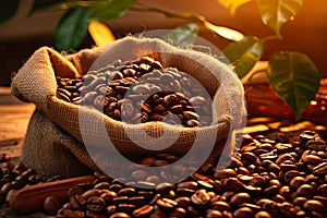 coffee beans in a burlap bag