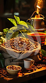 coffee beans in a burlap bag