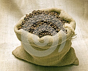 Coffee Beans In Burlap Bag Lit Overhead