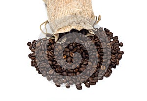 Coffee beans with burlap bag