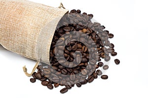 Coffee beans with burlap bag