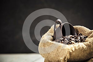 Coffee beans in burlap sack