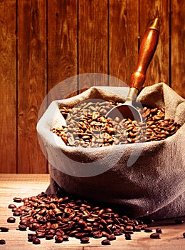 Coffee beans on burlap sack