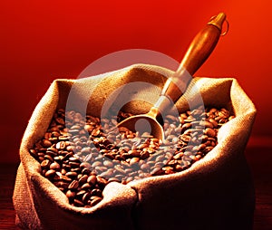 Coffee beans on burlap sack