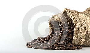 Coffee beans in a canvas bag isolated white background