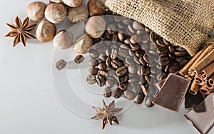 Coffee beans in a canvas bag isolated white background