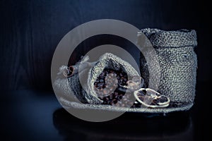 Coffee beans in a canvas bag