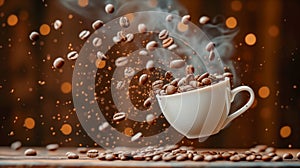 Coffee Beans Cascading Over a Full Cup