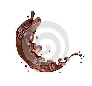Coffee beans with chocolate splashes isolated on a white background