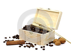 Coffee beans cinnamon nuts on a white background