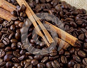 Coffee beans and cinnamon sticks