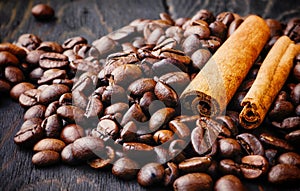 Coffee beans,cinnamon sticks,aroma, coffee,natural, bean, spices, drink, food, brown, on wooden background photo