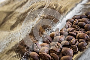 Coffee beans close up on expensive golden background