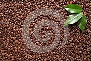 Coffee beans closeup background with green leaves
