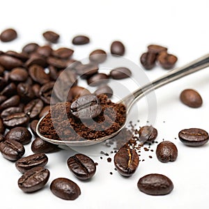 Coffee beans and coffee beans in a spoon isolated on white background
