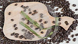 Coffee beans.coffee beans sprinkled on fabric.