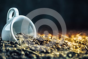 Coffee beans. Coffee cup full of coffee beans. Toned image