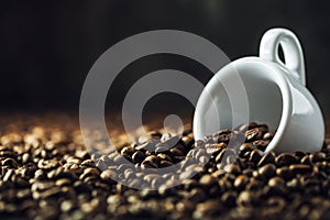 Coffee beans. Coffee cup full of coffee beans. Toned image