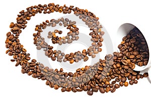 Coffee beans in coffee cup on white background