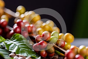 Coffee beans on coffee green leaves on wooden background, Fresh coffee beans on wooden background