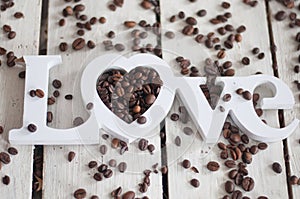 Coffee beans, coffee, love coffee, cookies, white background, wooden background