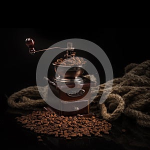 Coffee beans with coffee mill