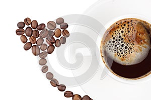 Coffee beans, coffee mug, top view, isolated on a white background