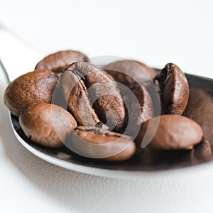 Coffee beans in coffee spoon on white.