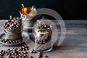 Coffee beans in a cristal jar on a brown wooden background