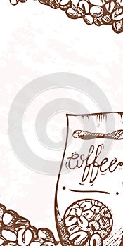 Coffee beans cup calligraphy. Drawn style cafe menu design. Comfort beverage cozy atmosphere