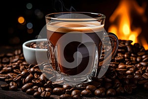 coffee beans and a cup of coffee in front of the fireplace banco de imagens