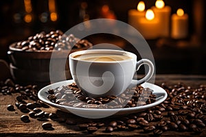 coffee beans and cup of coffee on rustic wooden table with candles banco de imagens