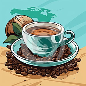 coffee beans and a cup of coffee on a saucer with a map of the world in the background vector illustration ilustraÃ§Ã£o