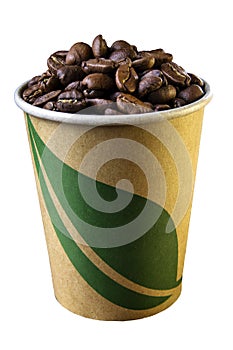 Coffee beans in cup with leaf symbol