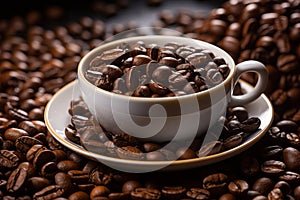 coffee beans in a cup and saucer on a black background