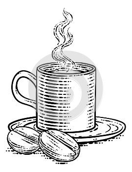 Coffee Beans And Cup Vintage Woodcut Illustration