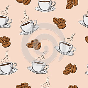 Coffee beans and cups Seamless vector pattern