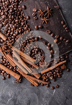 Coffee beans and dark chocolate. Chocolate bar . Background with chocolate.