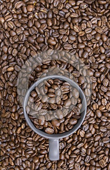 Coffee beans in dark cup on mixed coffee beans background