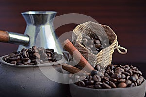 Coffee beans in an earthenware dish and a bag.