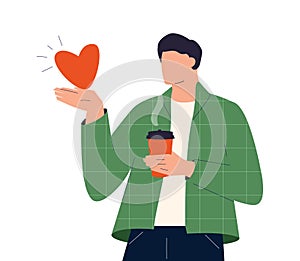 Coffee beans and Energy concept. Young smiling man cartoon character barista walking holding huge coffee beans in cup