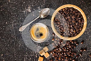 Coffee beans and espresso coffee. photo