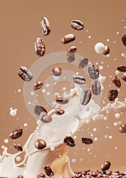 Coffee beans exploding into a dance with milk splashes on a chocolate-colored background