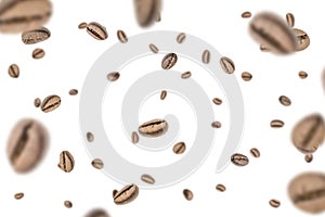 Coffee beans fall background. Black espresso coffee bean falling. Aromatic grain flying isolated on white. Concept for