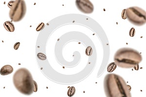 Coffee beans fall background. Black espresso coffee bean falling. Aromatic grain flying isolated on white. Concept for
