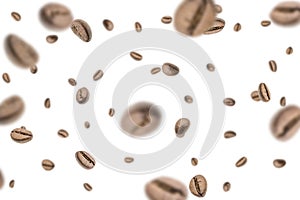 Coffee beans fall background. Black espresso coffee bean falling. Aromatic grain flying isolated on white. Concept for