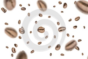 Coffee beans fall background. Black espresso coffee bean falling. Aromatic grain flying isolated on white. Concept for