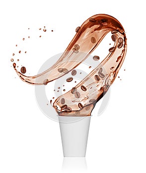 Coffee beans fall into the cup. Conceptual image on white background