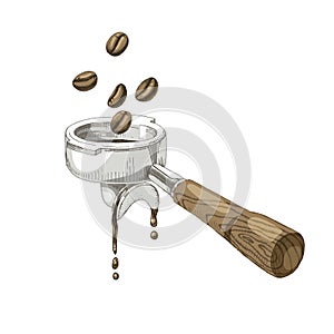 Coffee beans fall into the portafilter