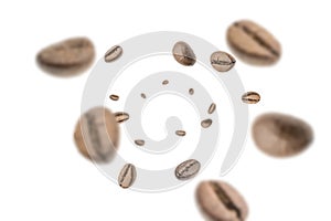 Coffee beans falling background. Black espresso coffee bean flying. Aromatic grain fall isolated on white. Represent